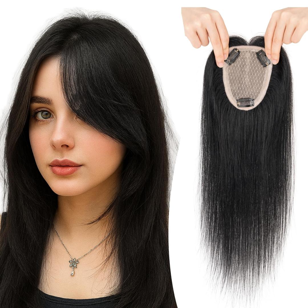 Human Hair Topper for Women No Bangs, 100% Remy Toppers Hair Pieces for Women, No Tangle & Smooth, 10 Inch #01 Jet Black