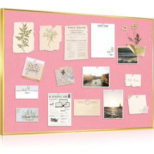 DOLLAR BOSS Bulletin Board with Linen 36'' x 24'' with Golden Aluminum Frame, Fabric Cork Boards for Walls, Decorative Pin Board for Office Home Caf, Pink