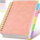Hardcover Spiral Notebook Journal with Removable Dividers Tabs, 300 Pages Leather 5 Subject Notebook College Ruled, 8"x10" Large B5 Notebooks for Work School Note taking, Lined Journal for Women, Pink