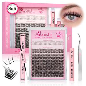 Lash Clusters Kit, DIY Cluster Eyelash Extensions 516mm,144pcs Fluffy D Curl Natural Lashes with Bond and Seal,Remover, TweezersNatural Fake Cat Eye Individual Manga Clusters 1-4-L