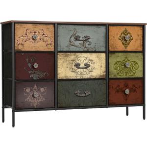 VASICAR Dresser for Bedroom with 9 Deep Fabric Drawers, Wide TV Stand Storage Cabinet, Colorful Chest of Drawers for Closet, Nursery, Entryway, Hallway, 11.8"D x 43.3"W x 29.9"H