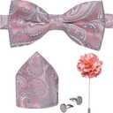 DiBanGu Pre-Tied Bow Ties for Men Silk Adjustable Tuxedo Bowties Pocket Square Cufflinks Set with Lapel Pin Jacquard Woven (Pink)