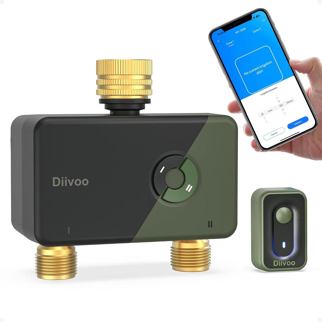 Diivoo Brass WiFi Sprinkler Timer 2 Zone, Smart Water Timer for Garden Hose Remote Control,Compatible with Alexa and Google Home,12 Irrigation Plans,Rain Delay & Manual Watering for Garden,Lawn,Yard