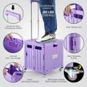 Foldable Utility Cart Folding Portable Rolling Crate Handcart with Durable Heavy Duty Plastic Telescoping Handle Collapsible 4 Rotate Wheels for Travel Shopping Moving Luggage Office Use (Purple)