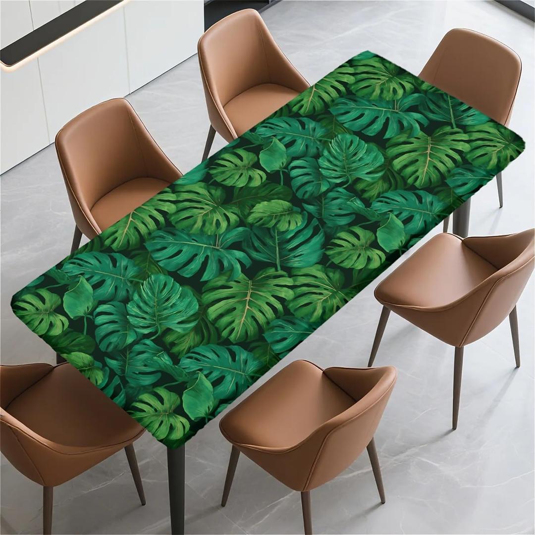 Rectangle Table Cloth Cover Waterproof Elastic Fitted Polyester Fitted Tablecloths for 6 Foot Tables for Indoor,Picnic, Camping, Outdoors72" x 30"Palm Leaf