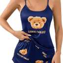 SweatyRocks Women's Cute Bear Print Satin Paiama Sets Silky Cami Top and Shorts 2 Piece Pajamas Set (Blue, M)