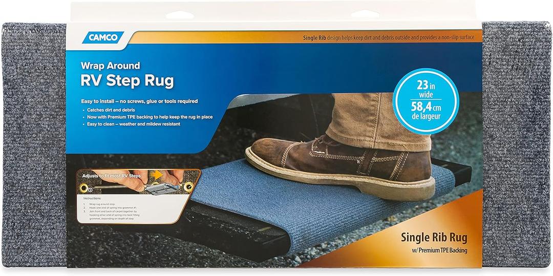Camco 42912 RV Step Rug (Premium Wrap Around, 100% Polyester (22" x 23") - Gray) (Grey)