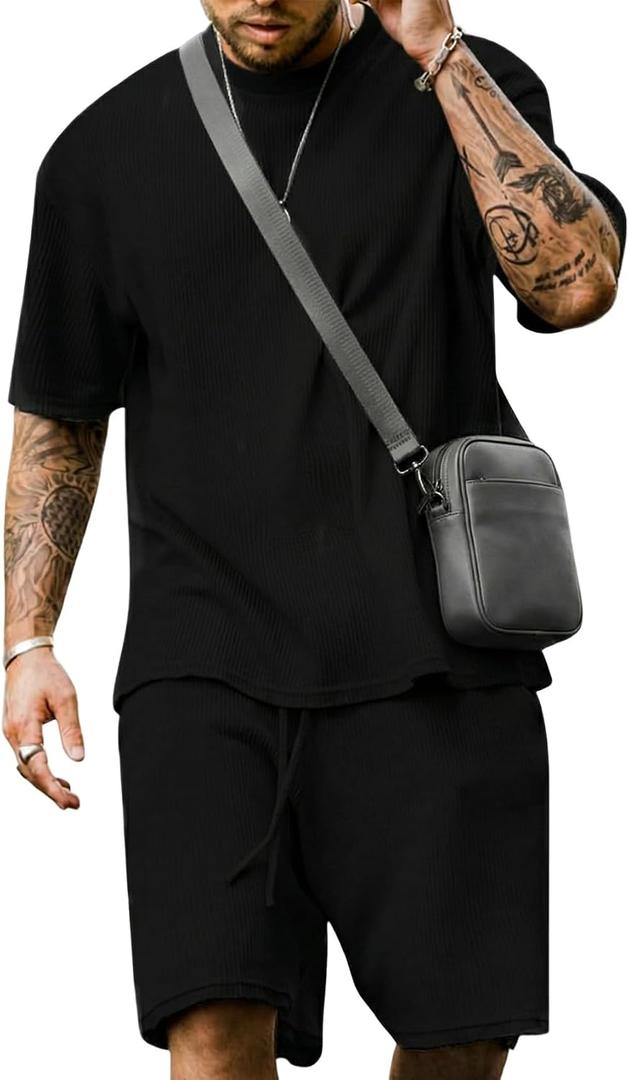 Yimoon Men's 2 Piece Outfits Oversized Short Sleeve T Shirt & Shorts Set Summer Casual Tracksuit (Black, L)