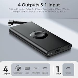 Bestmars 10000mAh Portable Charger with Built in USB C Cable Power Bank Fast Charging Type C Battery Pack Powerbank Compatible for iPhone 16 15 Plus Pro Max Switch Samsung Galaxy Cell Phones (Black)