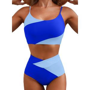 Herseas High Waisted Color Block Bikini Set 2 Piece 2025 Summer Beach Vacation Essentials Tummy Control Swim Bathing Suits Blue Medium