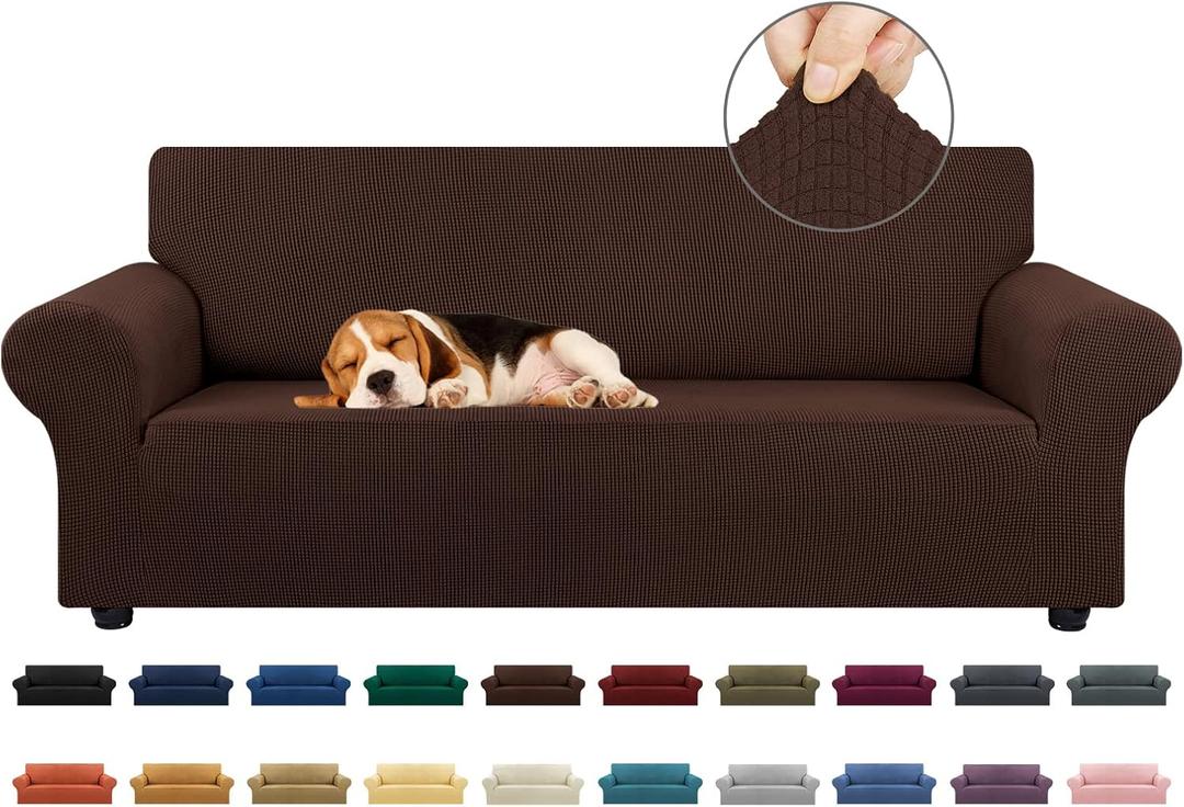 KEKUOU Stretch Sofa Cover Slipcover Couch Covers for 3 Cushion Couch Sofa pet Friendly (78"-94") Furniture Protector Sofa with Elastic Bottom for Kids,Dog, Jacquard Small Checked(Large,Chocolate)