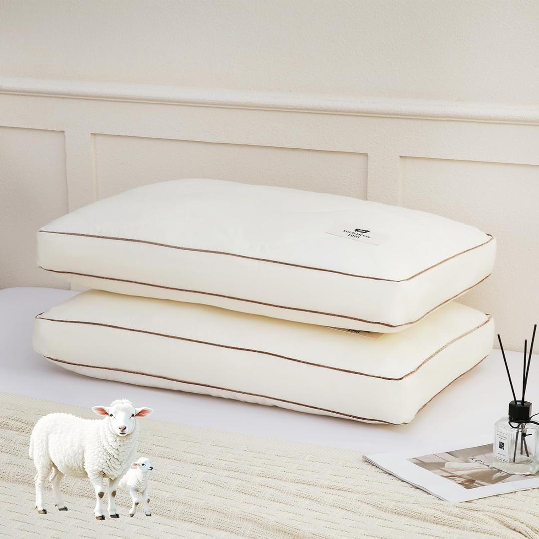 YOUR MOON Organic Soft Wool Pillow King Size Set of 2, Support Soft Bed Pillows for Sleeping, Premium Australian Wool Filling with 100% Cotton Cover, Down Alternative Pillows 2 Pack (Off White)