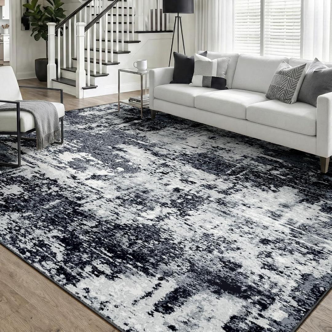 Washable Area Rugs 5'x7' Non-Slip Modern Abstract Soft for Living Room Entryway Bedroom Nursery, Print Pattern, Black Navy Blue Gray