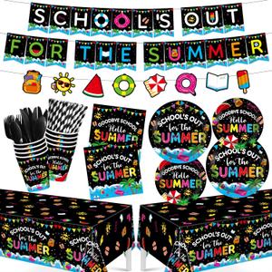 End of School Year Party Decorations, 220 Pcs Schools Out for Summer Decorations Tableware Set Serve for 24 Guests, Summer Final Term Theme Supplies