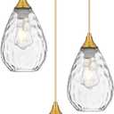 Brushed Gold 3-Light Pendant Lighting, Modern Dining Room Light Fixture Over Table with Hammered Glass, Cluster Hanging Lights for Kitchen Island Dining Room
