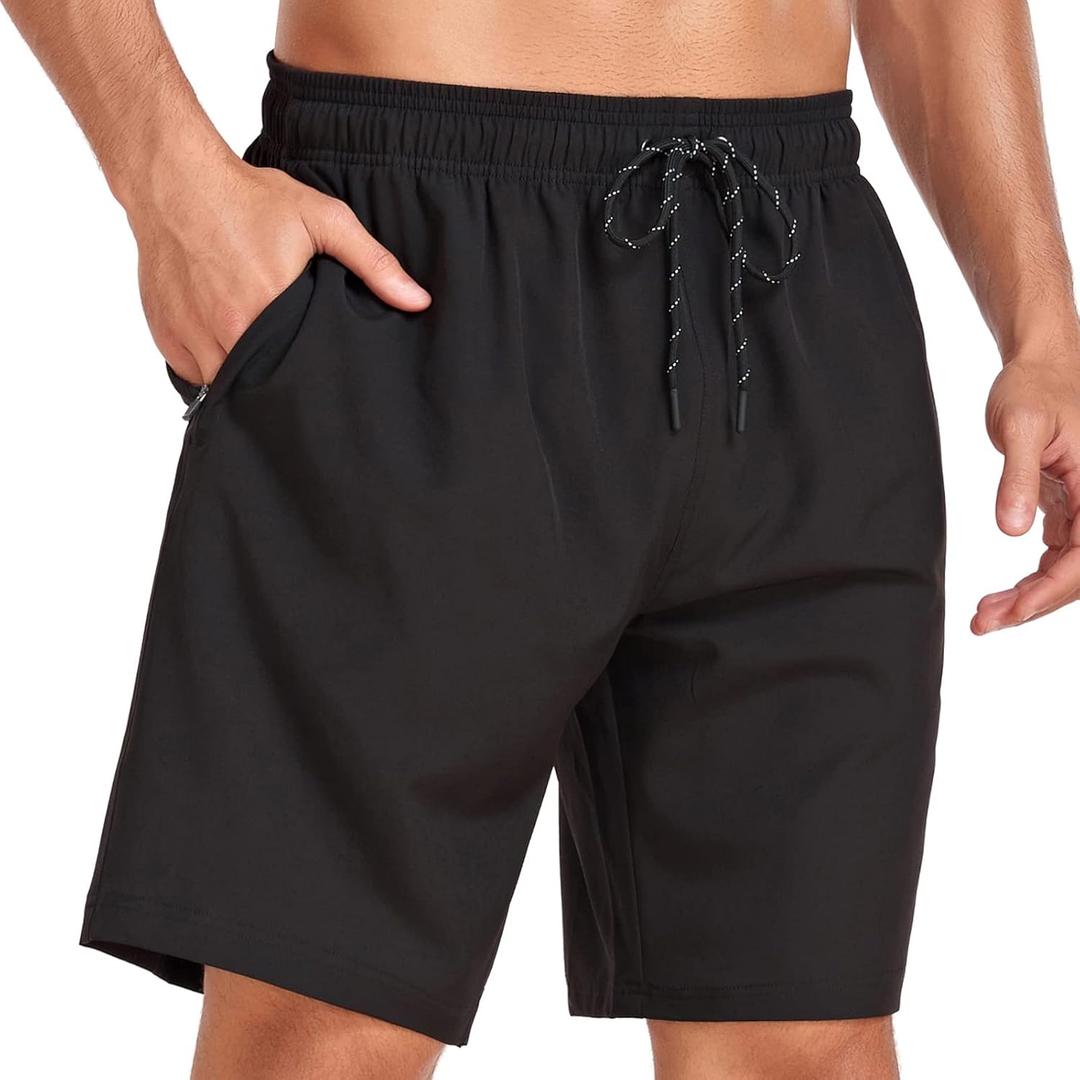 Flytop Mens Swim Trunks Quick Dry Board Shorts with Zipper Pockets Bathing Suit (XX-Large, A01-black)