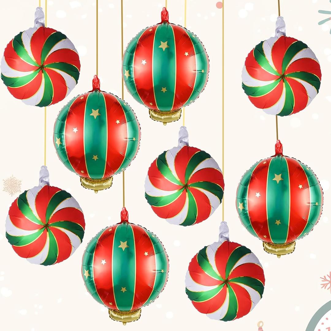 Christmas Foil Balloons, 9PCS Xmas Round Candy Lollipop Foil Balloons and Christmas Hanging Ball Mylar Balloons, Red Green Gold Xmas Sweetland Decorations for New Year Candies Party Decor
