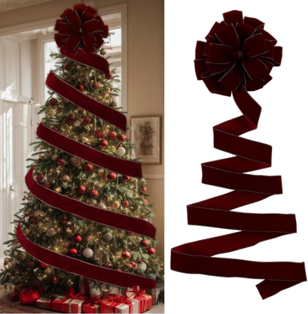 Extra Large Christmas Tree Topper Bow Ribbon Wreath 12 Inch Burgundy Red Velvet Ribbon Wreath with 13ft Long Streamer Christmas Tree Garland for Staircase Porch Columns Xmas Holiday Decor