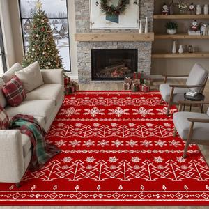 Christmas Area Rug 8x10 Red Washable Living Room Carpet Xmas Snowflake Holiday Decor Indoor Bedroom Throw Rug Decorative Non Slip Soft Low Pile Large Carpet Dining Room Office Nursery