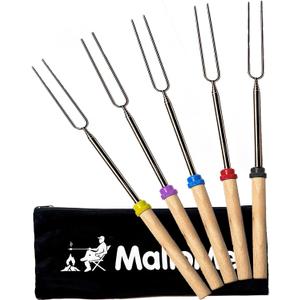 MalloMe Smores Sticks for Fire Pit Long - Marshmallow Roasting Sticks Smores Kit - Smore Skewers Hot Dog Fork Campfire Cooking Equipment, Camping Essentials S'mores Gear Outdoor Accessories 32" 5 Pack