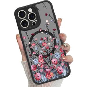 MOWIME Magnetic Floral for iPhone 13 Pro Max [Compatible with MagSafe] Cute Aesthetic Fashion Flower Translucent Matte Hard Back Shockproof Anti-Scratch Phone Case-Red Flower