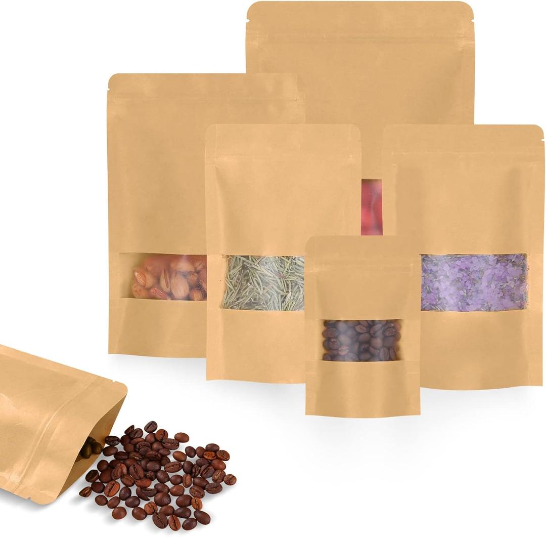 50pcs Kraft Bags with Window 7.1x10 Inches Brown Reusable Sealable Zip Lock Food Storage Stand up Paper Pouches for Home or Business