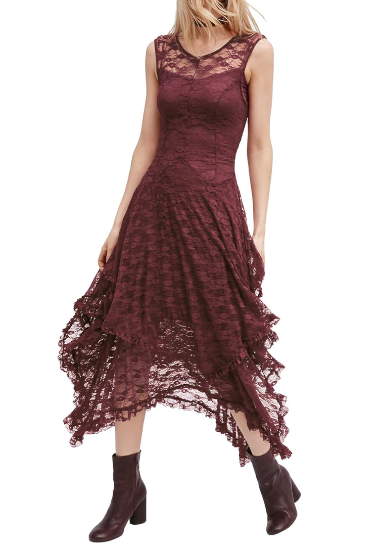 R.Vivimos Womens Sleeveless Backless Asymmetrical Layered Lace Long Dress with Slip Two Pieces M