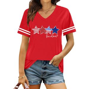 ALLTB America Flag Shirt Women Sequin Stars Freedom T-Shirt Red White and Blue Shirts 4th of July V Neck Tops (Red, S)