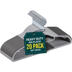 Plastic Clothes Hanger Set - 20 Pieces Versatile, Lightweight, Space-Saving, Non-Slip, Slim Designed, Dry and Wet Clothes Hanger Set with 360 Swivel Hook and Rubber Coating - Gray