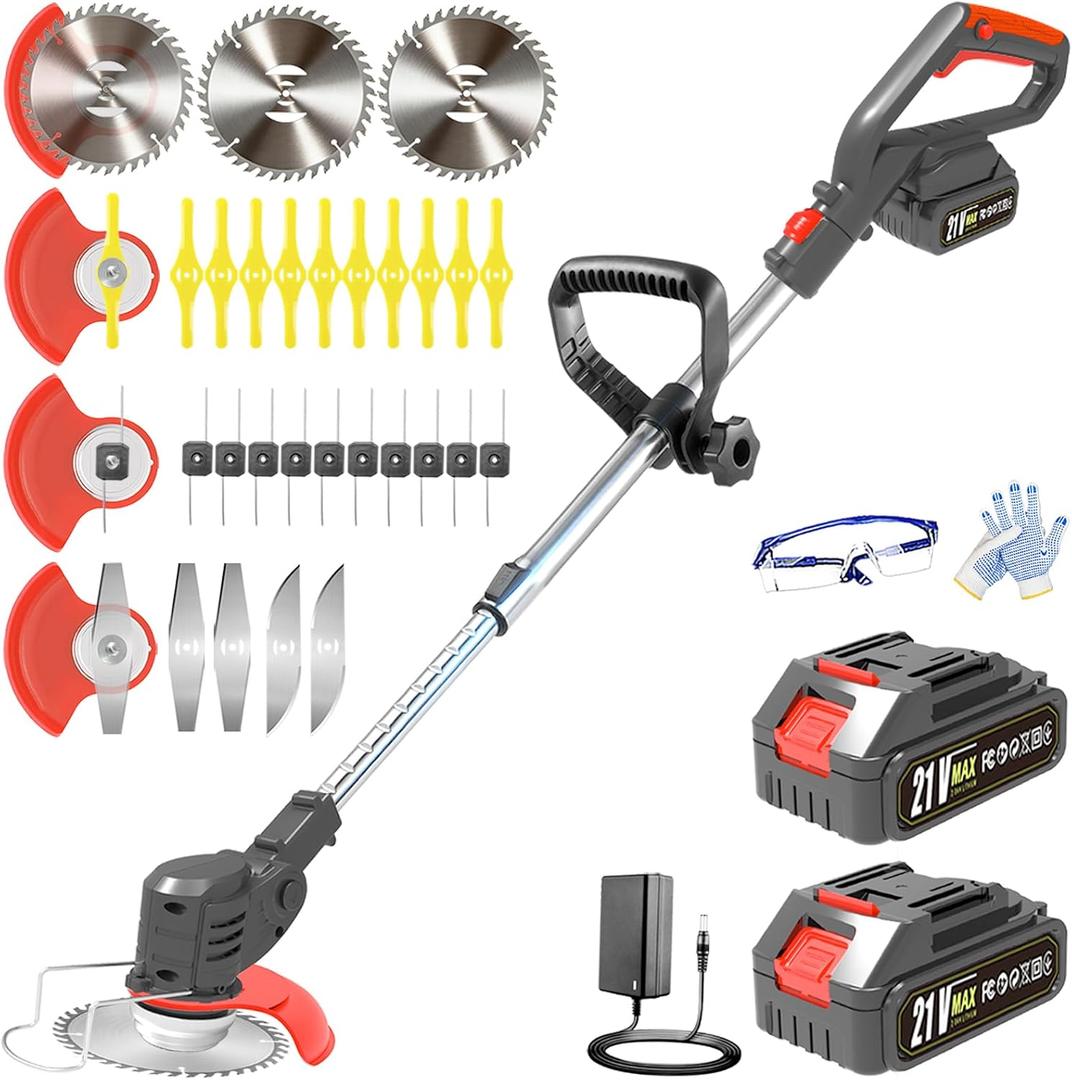 Electric Weed Wacker Cordless, 21V Stringless Weed Trimmer Eater with 2X 2.0Ah Battery Powered & Charger, Metal Blade Weed Whacker, Lightweight 3 in 1 Grass Trimmer Lawn Edger Brush Cutter for Garden