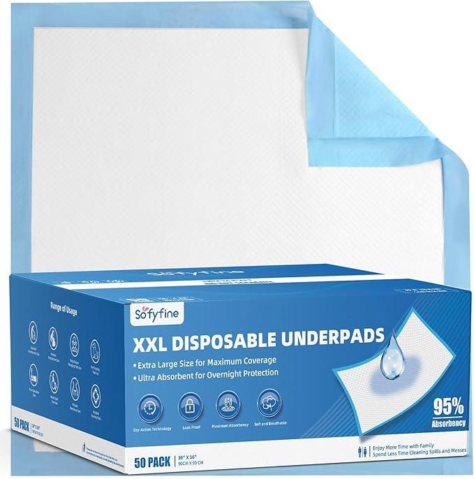 SOFYFINE 50 Count Extra Large Chucks 36"x36" Thicken Elderly Adults Incontinence Bed Pads Disposable, Heavy Duty Absorbency Underpads Waterproof, XXL Extra Large Puppy Pee Training Pad