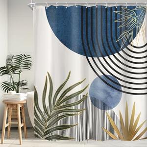 KOMLLEX Mid Century Blue Green Boho Shower Curtain for Bathroom Decor 72Wx78H Inches Abstract Modern Minimalist Sun Arch Plant Botanical Neutral Fabric Waterproof Polyester 12 Pack Hooks Pack Hooks