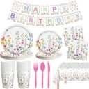 170 Pcs Spring Flower Birthday Party Decorations Sets, Includes Happy Birthday Banner, Floral Plates, Napkins, Cups, Plastic Silverware, Tablecloth for Wildflower Bday Party Supplies Decor, Serve 24