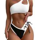 SherryDC Women's Cheeky Cutout One Shoulder Bikini Color Block V Cut High Leg Two Pieces Swimsuit, XL