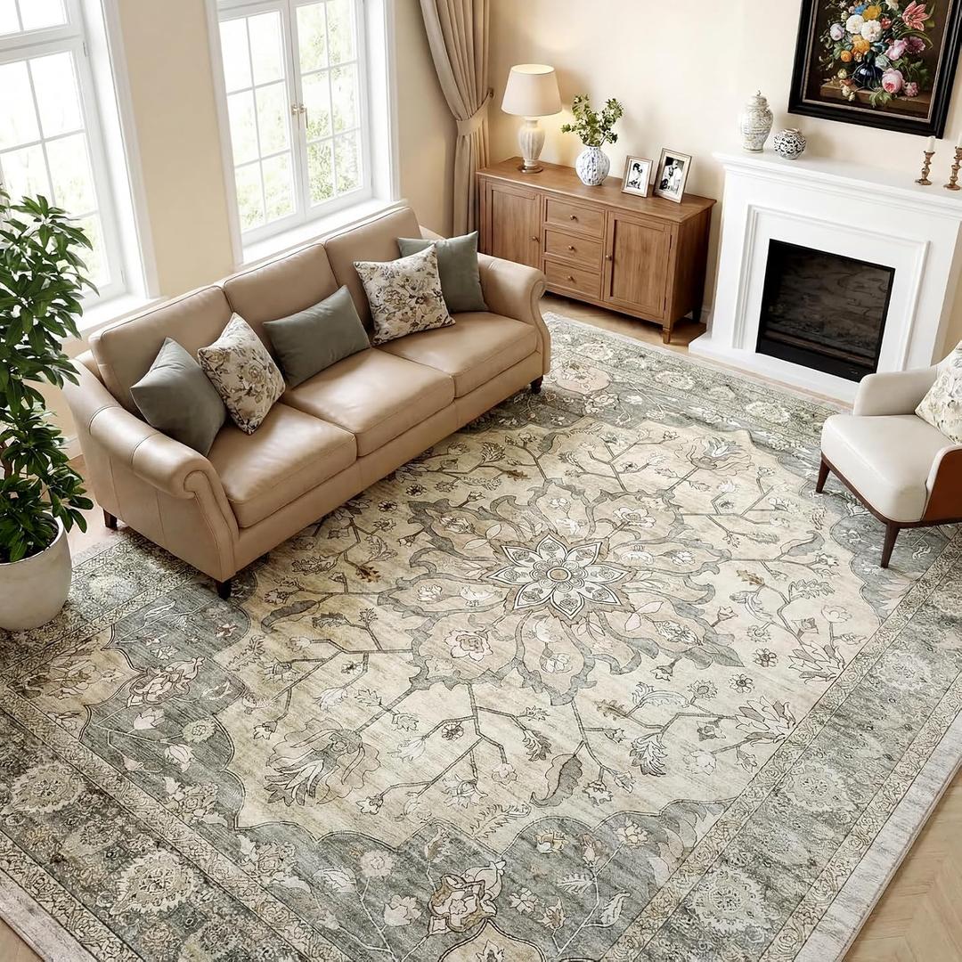 9x12 Area Rugs for Living Room, Machine Washable Boho Vintage Rug, Waterproof Surface & Non-Slip Backing, Foldable Soft Low Pile Floral Medallion Carpet for Bedroom Dining Room