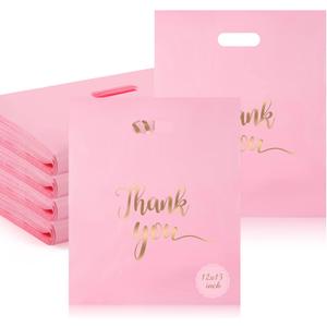 Sabary 200 Pieces Pink Plastic Thank You Bags for Small Business Plastic Shopping Merchandise Gift Bags with Handles and Gold Thank You Logo for Party Stores Business Gift Supplies(12 x 15 Inch)