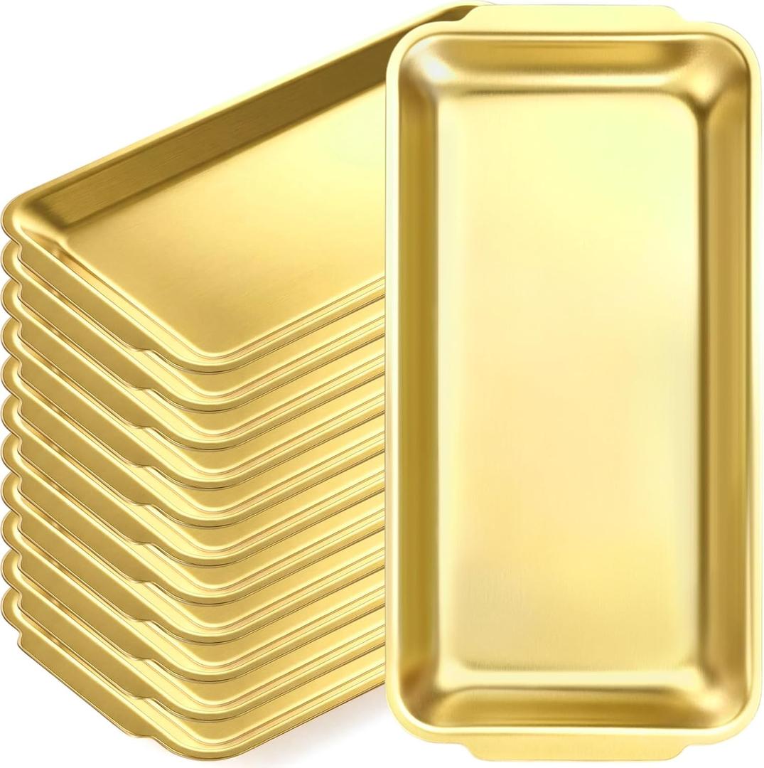 Gold 12 Pcs Small Stainless Steel Serving Tray Bulk 8.66'' x 4.33'' Rectangle Stainless Steel Food Serving Platter with Handle Vanity Tray Decorative Party Plate for BBQ Buffet Appetizer
