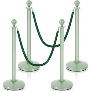 Ferraycle 4 Pcs Stainless Steel Stanchions Post Queue 38 Inch, 5 ft Velvet Carpet Ropes and Pole, Control Barriers for Wedding Birthday Party Decoration Sand Injection Hollow Base Set (Green)
