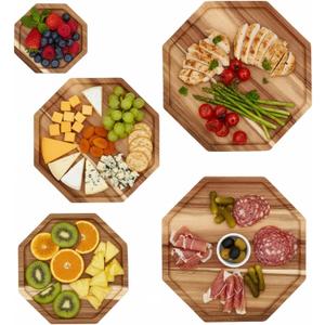 LemonRoad 5 Pack 14'' Acacia Wood Serving Trays Wooden Octagon Serving Platter Charcuterie Boards for Bread Fruit Food Dish Cheese Hosting Essentials Decorative Plate (14'', 12'', 10'', 8'', 6'')