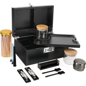 Large Bamboo Storage Box with Removable Tray Kit - Decorative Box Set, Glass Jars, and Accessories Wooden Storage Kit and Accessories Tool.Birthday Gifts. (Black)