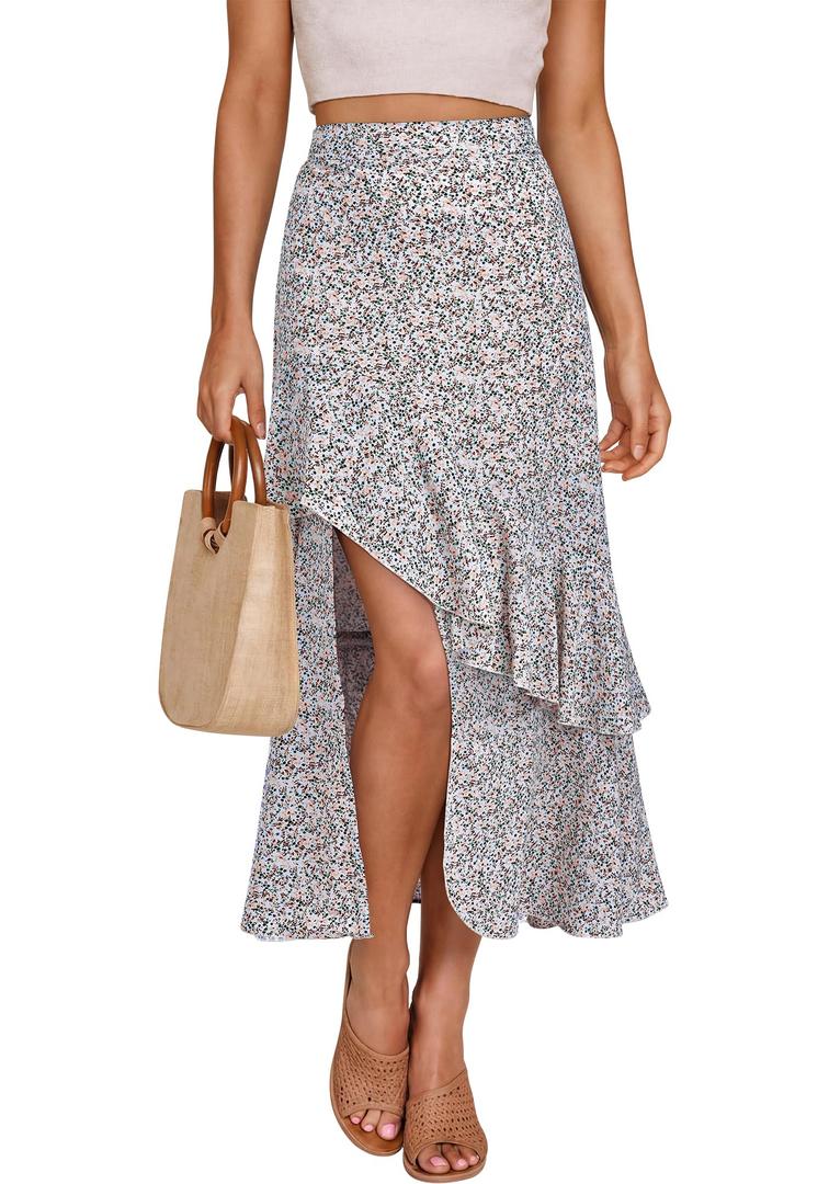 BTFBM Women 2026 Spring Summer Long Skirts Dress Boho Floral Elastic Waist Split Ruffle High Low Beach Maxi Skirt Clothes XL