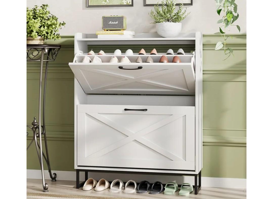 Maupvit Shoe Cabinet with 2 Flip Drawers, Freestanding Shoe Cabinet Organizer with Metal Legs, Shoes Storage Cabinet for Entryway, Narrow Shoe Rack Cabinet, White Maupvit Shoe Cabinet with 2 Flip Drawers, Freestanding Shoe Cabinet Organizer with Metal Legs, Shoes Storage Cabinet for Entryway, Narrow Shoe Rack Cabinet, White