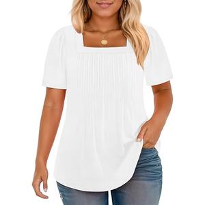 VISLILY Womens-Plus-Size-Summer-Tops Trendy Puff Short Sleeve T Shirts Cute Flowy Pleated Blouses Casual Crewneck Tunics Tee Size 2XL