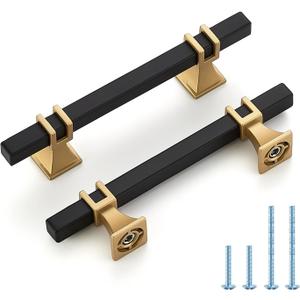 10 Pack 3-3/4 inch Black & Gold Cabinet Handles Square Zinc-Alloy Pulls for Kitchen Dresser Closet and Bathroom Cabinets Hardware