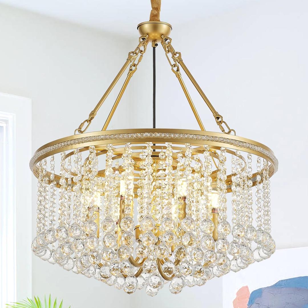 Gold Crystal Chandelier 6-Light Modern 21.6'' Round Pendant Chandeliers Crystal Ball Luxury Ceiling Hanging Lighting Contemporary for Living Dining Room Kitchen Island Bedroom Entryway Foyer (Diameter 21.6", Gold, 6-Light)