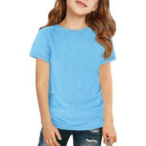 Haloumoning Girls Short Sleeve T Shirts Kids Summer Casual Crewneck Tops Tees 5-14 Years (Blue)