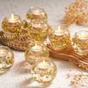 Reallnaive 8 Pcs Glass Clear Votive Floating Candle Holders with 8 Pcs Bright Pearl String Beads, Tealight Bowl Candle Holder Bulk for Wedding Centerpiece Home Bridal Shower Party Decor (Gold)