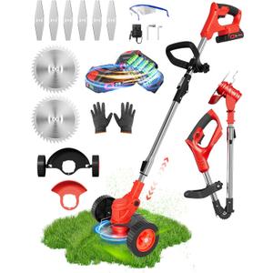 21V Cordless Weed Wacker Battery Operated, 2 X 2.0Ah Electric Weed Eater Battery Powered, 3-in-1 Lightweight Brush Cutter/Grass Trimmer//Lawn Mower with Removable Moving Wheels & 8 Blades