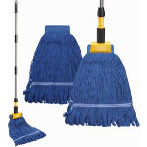 Commercial Mop, Heavy Duty Looped End String Wet Mop with 64'' Long Handle, Industrial Cotton Dust Mop with Extra Replacement Heads for Home, Office, Garage, Warehouse Floor Cleaning
