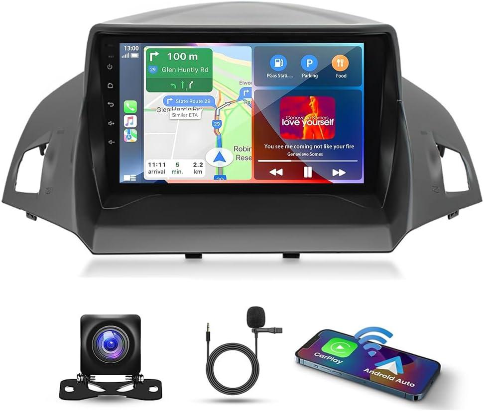 4G+64G Android 14 Car Stereo for Ford Escape 2013-2016 w/Wireless Carplay and Android Auto, 9 Inch HD Touchscreen Double Din Car Radio Receiver Head Unit GPS Navi Bluetooth WiFi FM AHD Backup Camera